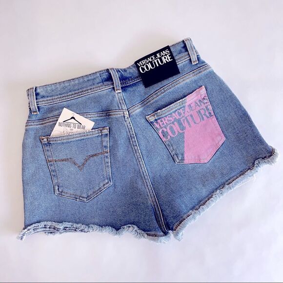 ⭕️ VERSACE JEANS Denim Shorts Logo Blue Pink - Picture 1 of 7